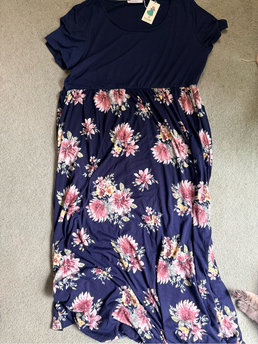 Navy Floral Short Sleeve Maxi Dress with Pink Blooms